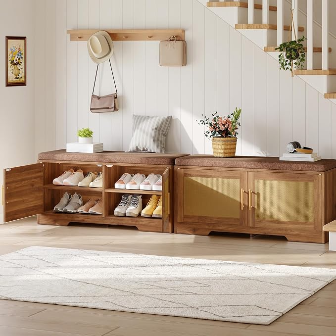 HOOBRO Faux Rattan Shoe Storage Bench with Cushion, Boho Entryway Bench with 2 Doors and Adjustable Shelves, Pet-Proof Hidden Shoe Cabinet for Hallway, Living Room, 39.2" L, Natural, CE53HX01