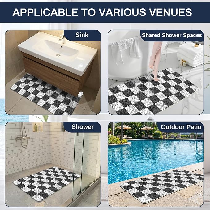 Square Loofah Shower Stall Mat 24"x24", Quick Drying Shower Mats with Drain, PVC Loofah Bath Mat for Wet Room & Bathroom Floor, Soft Textured & Elderly Safe, Washable & Resistant, Black Checkered