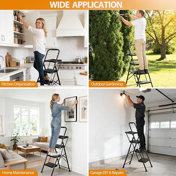 ZENY 3 Step Ladder, Folding Step Stool for Adults, Portable Steel Ladder with Tool Platform, Wide Anti-Slip Pedal, Safety Locking, Lightweight (Black)