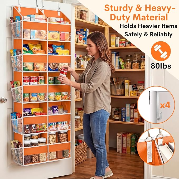 Over The Door Organizer 5 Tiers, Extra Large Behind Door Storage of 10 Compartments, 80 lbs Weight Capacity Hanging Storage Organizer with Clear Window Kids Toys,Shoes,Diapers,Room Storage,Orange