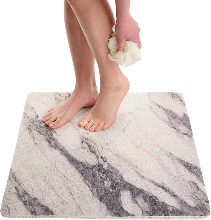 Enkosi Loofah Shower Mat Non Slip – Square Anti Slip Bath Mat for Inside Showers, Bathtub, Tub, Bathroom - Cushioned, Quick Dry PVC with Drain Holes - Secure Grip Safety Pad (Marble Grey 24x24)