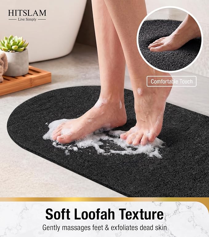 HITSLAM Oval Loofah Shower Mat Non Slip, 27x16 Inch Bath Mat for Textured Tub & Inside Shower Stall, No Suction Cups Quick Drying PVC Porous Floor Mat, Soft Foot Exfoliating Bathtub Mat, Black