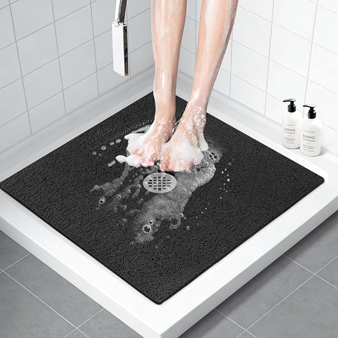 ZOESOE Square Shower Mat Non Slip: 27x27 Inch Large Shower Mats for Inside Shower with Drain Hole in Center, Super Soft PVC Loofah Massage Shower Stall Mat, Anti Slip Shower Floor Mat, Quick Drying