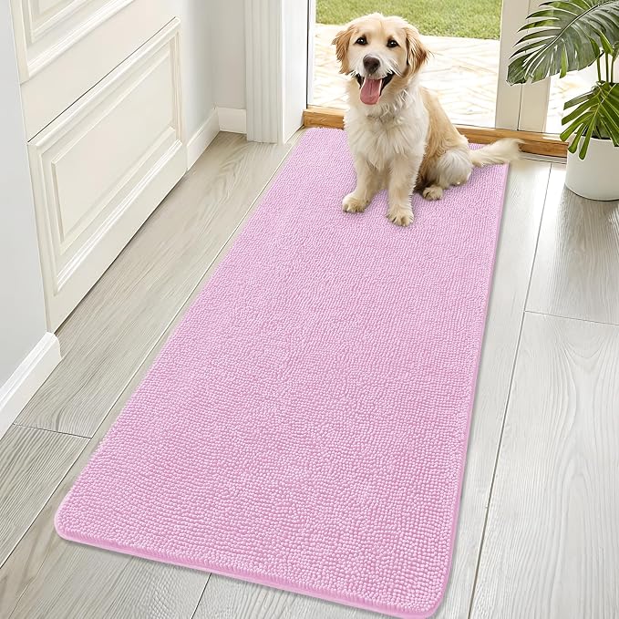 OLANLY Dog Door Mat for Muddy Paws 70x32, Absorbs Moisture and Dirt, Absorbent Non-Slip Washable Doormat, Quick Dry Chenille Mud Mat for Dogs, Entry Indoor Entryway Carpet for Inside Floor, Pink