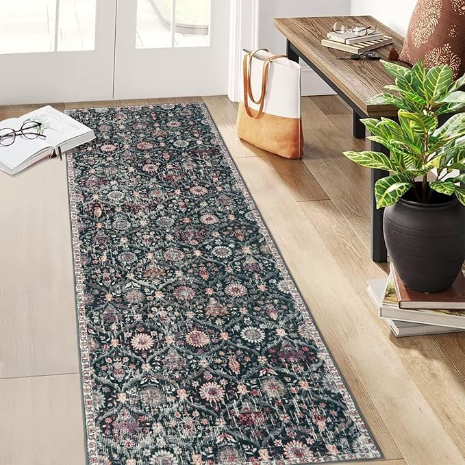 Lahome Moroccan Hallway Rug, 2'5''x8' Kitchen Runner Rugs Non Skid Washable Runners for Hallways, Ultra-Thin Oriental Carpet for Entryway Laundry Room Bedroom Bathroom Elise, Black/Multi