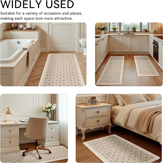 Tan Khaki Vintage Geometric Elegance Grid Kitchen Rug Sets [2 PCs], Anti-Fatigue, Waterproof Non-Slip Kitchen Mats Heavy Duty Comfort Foam Rug for Kitchen, Floor, Laundry,17"x29"+17"x47"