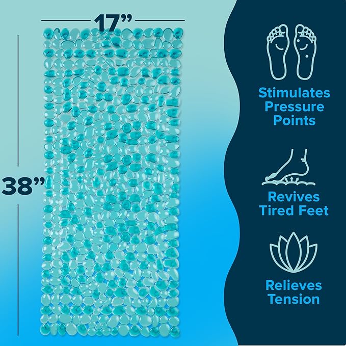 SlipX Solutions Non Slip Pebble Bath Mat for Shower & Bathtub 38x17 | River Rock Look | Accupressure | Massage Bath Mats for Tub | 188 Suction Cups | Machine Washable, Aqua Pebbles