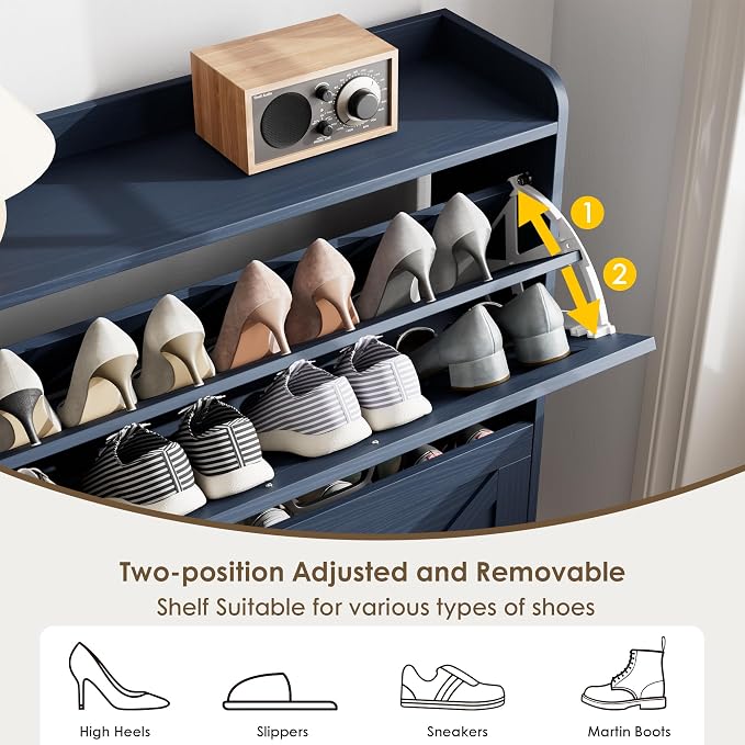 Nicetree Shoe Storage Cabinet, Shoe Cabinet with 2 Flip Drawers, Narrow Shoe Rack Cabinet, Farmhouse Slim Shoe Cabinet Storage for Entryway,Blue