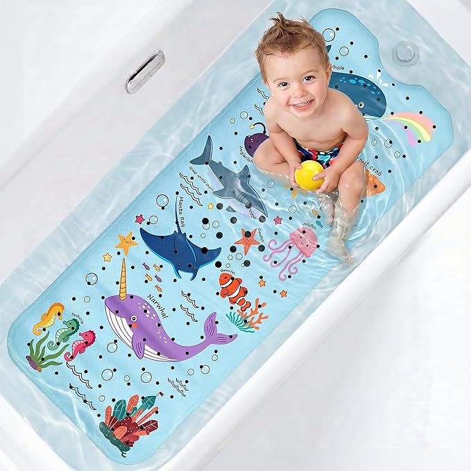 UNEEDE Baby Bathtub Mat Non Slip with 200 Suction Cups & 176 Drain Holes, 40''x16'' Quick Dry Bath Mat, Machine Washable Shower Mat for Toddlers & Kids, Ocean Pattern