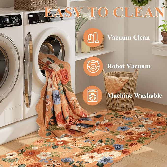 DUKINO 2.6x8 Runner Rug for Hallway, Washable Kitchen Rug with Non Slip Backing & Non-Shediing, Soft Low Pile Floral Design Runner for Bedroom, Kithchen, Living Room, Laundry, Bathroom, Orange