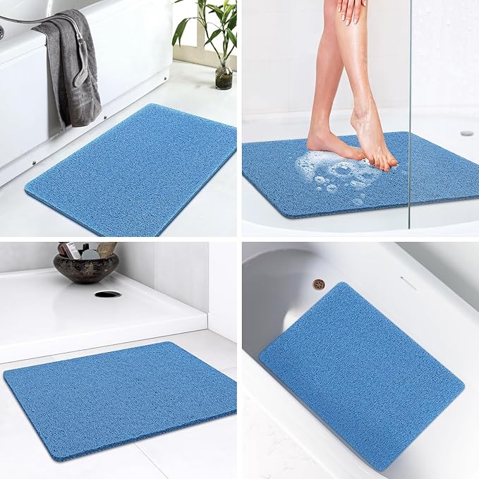 LuxStep Shower Mat Bathtub Mat,24x16 inch, Non-Slip Bath Mat with Drain, Quick Drying PVC Loofah Bathmat for Tub,Shower,Bathroom (Lake Blue)