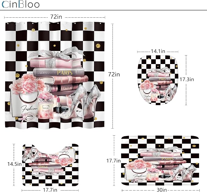 4Pcs Black white Checkered Plaid Shower Curtain Set, Pink Fashion Flower Perfume High Heels Books Bathroom Curtain with Rug, Toilet Lid Cover, Bath Mat, Women Girl Shower Curtain with 12 Hooks
