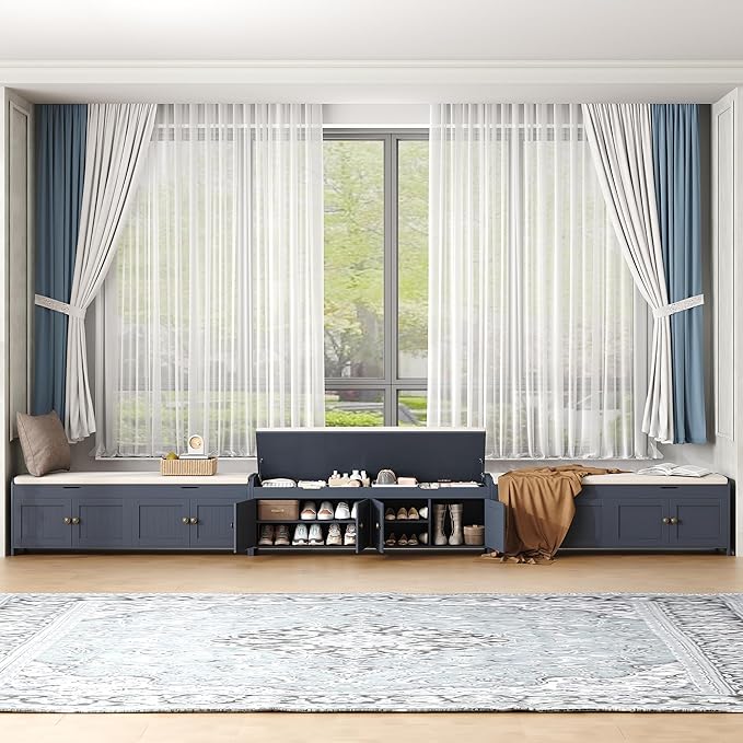 HOMEFORT 54.4" Shoe Bench with Lift Top Storage, Entryway Bench with Cushioned Seat, Wooden End of Bed Bench, Shoe Cabinet Bench with Hidden Storage Space, for Bedroom, Hallway,Blue