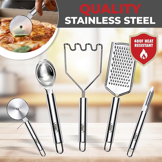 Kaluns 50 PCS Silicone Kitchen Utensils Set Complete Kitchen Set - 800°F Heat Resistant Non-Stick Premium Silicone Cooking Utensils W Wooden Handles - Can Opener, Masher, Turner, Silicone Spatula Set