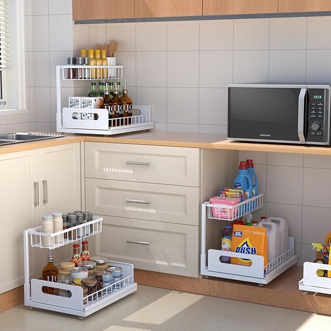 Under Sink Organizer 2 Tier, Pull Out Drawer Slides Under Sink Storage for Bathroom Kitchen,Multi-Purpose Drawer Under Cabinet Organizer for Cleaning Supplies (White, 2 Pack)
