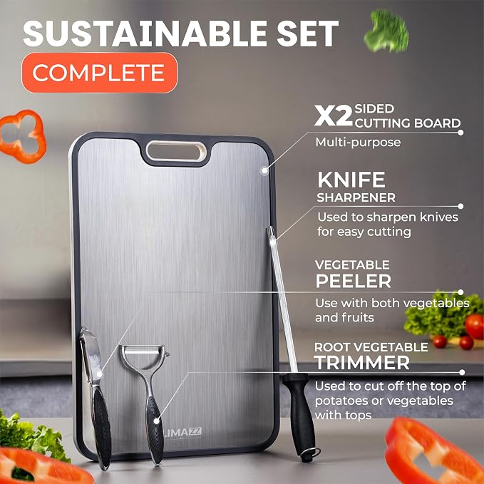 Titanium cutting board for kitchen use. Non-toxic, food-safe, and easy to clean. 2-in-1 double-sided design for meat & veggies. Includes knife sharpener & 2 peelers. Large 16” x 11”.