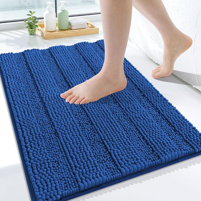 Grandaily Chenille Striped Bathroom Rugs 24x16, Extra Thick and Soft Absorbent Bath Mats, Rubber Backing, Plush Shaggy Shower Carpet, Machine Wash Dry, Bath Rug for Bathroom, Deep Navy Blue