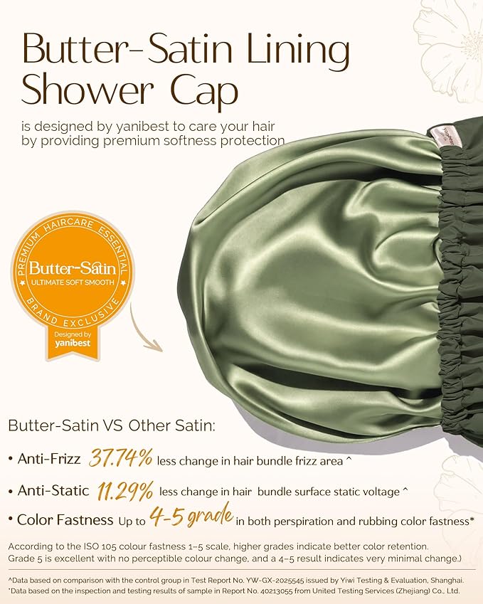 Yanibest Satin Lined Shower Cap for Women Reusable Waterproof, Frizz Free & Large Bath Cap with Soft Elastic Band, Luxury Hair Protection Caps (Green)