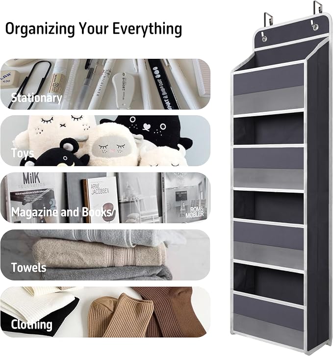 Giraffe Creation Compact Gray Over Door Organizer with 4 Large Clear Pockets, Compact Hanging Door Storage for Closet, Bathroom, Bedroom, Dorm, Nursery Essentials