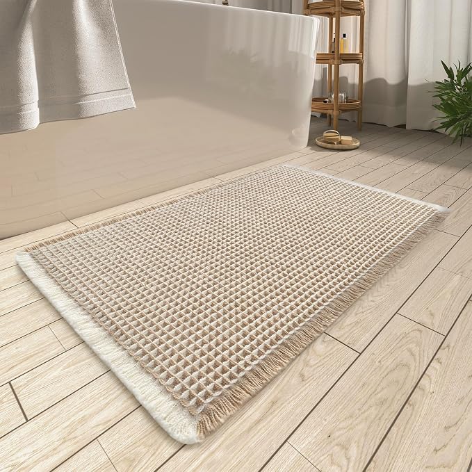 AMOAMI Upgraded Waffle Bath Mat, Super Absorbent Non Slip Bath Mats for Bathroom Floor, Washable Bathroom Rugs with Tassels, Rubber Backed Bathroom Mats, Ultra Soft, 20" x 32", Brown & Cream