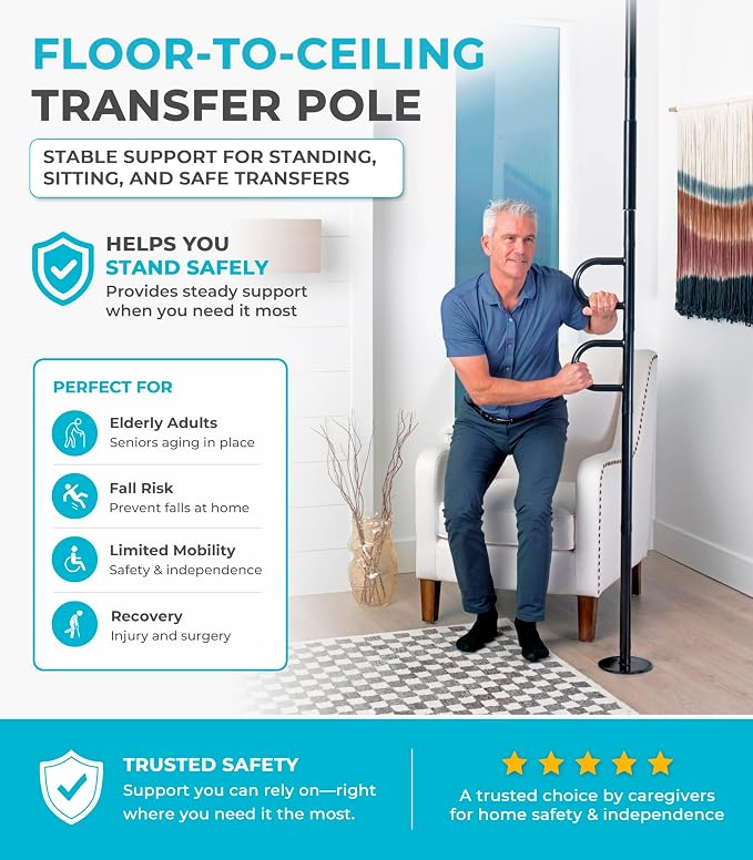 Stander Double Handle Non-Rotating Floor to Ceiling Grab Bar, No-Drill Tension Mounted Transfer Pole for Seniors, Bath Safety & Bedside Assist Rail for Home Standing Support & Fall Prevention, Black