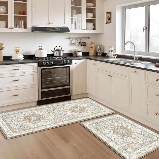 Boho Kitchen Mats for Floor 2 Piece Set Anti Fatigue Cushioned PVC Kitchen Rugs Non Slip Waterproof Farmhouse Mats 2/5 Inch Comfort Standing Mat for Sink, Laundry, 23.6"x39"+23.6"x59",C4