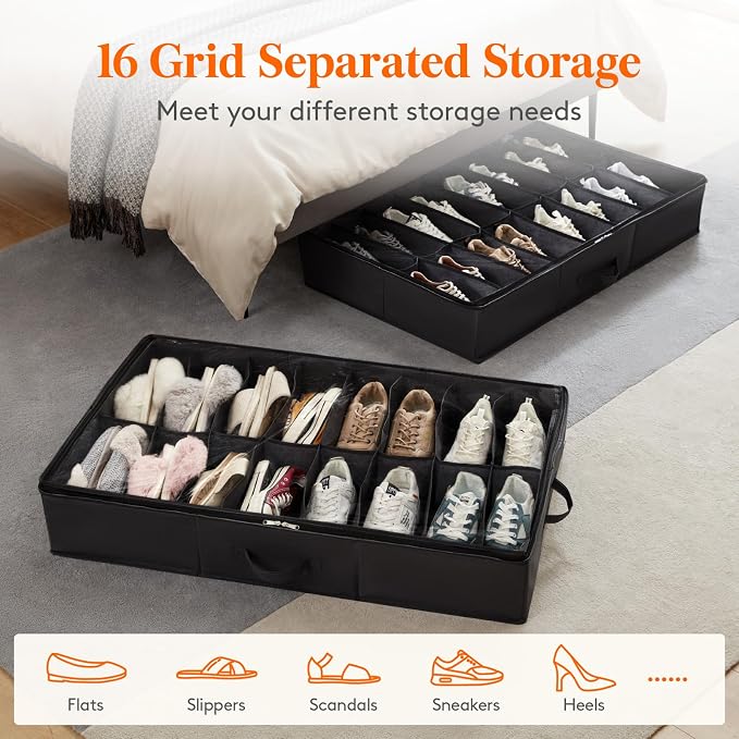Lifewit Under Bed Shoe Storage Organizer 2 Pack(16 Shoes Cells), 4.3 Inches Profile Fabric Shoes Container Box with Clear Cover, Foldable Storage Bag with 2 Handles, Fits 16 to 32 Pairs