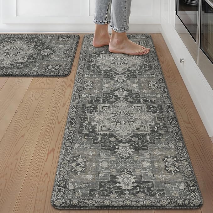 GENIMO Kitchen Mats for Floor 2PCs, Washable Anti Fatigue Mat for Cushioned, 17.3"x59"+17.3"x30", Waterproof Kitchen Rugs, Non Slip Comfort Standing Mat Rug for Home, Sink, Laundry, Dark Gray