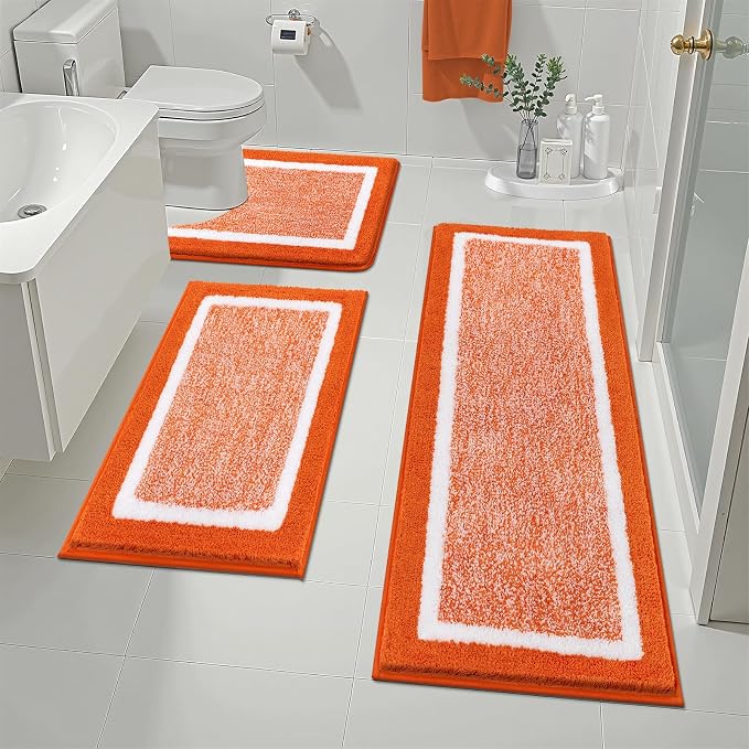 Pauwer Bathroom Rugs Sets 3 Piece Bathroom Shower Rugs with U-Shaped Contour Toilet Mat Absorbent Microfiber Plush Bath Mats Non Slip Bath Rugs Machine Washable Shaggy Bath Floor Mats, Orange