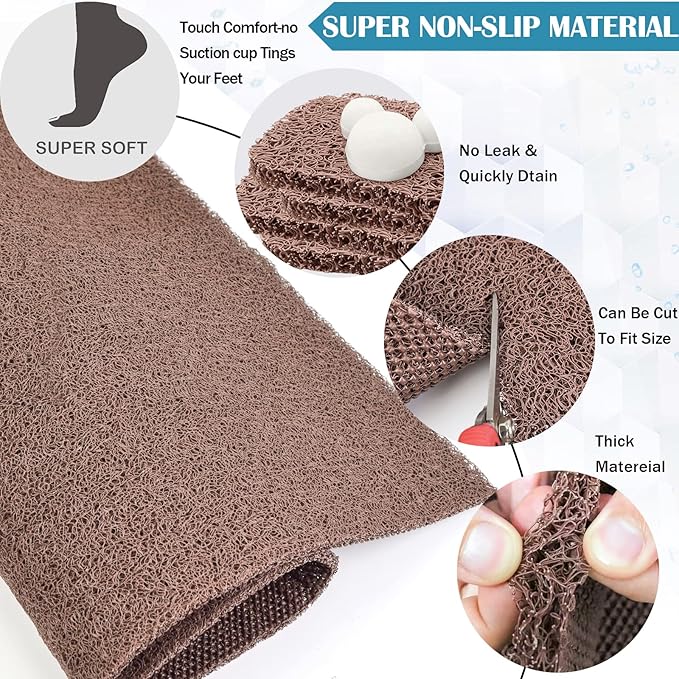godehone Shower Mats Non Slip Without Suction Cups, PVC Loofah Bathroom Mats, Loofah Mats for Shower and Bathroom, Quick Drying, 23.6× 47.2 Inch, Brown