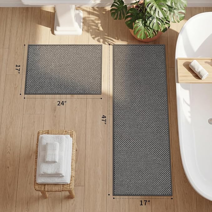 YIHOUSE Thin Bath Mat Dark Grey Bathroom Rugs Sets 2 Pieces, Non Slip Absorbent Mats Quick Dry, Woven Rugs Washable, Tapetes para Baño for Bathroom Toliet,Bathtub(17"x24"+17"x47")
