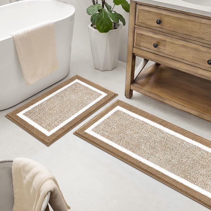 Pauwer Bathroom Rugs Sets 2 Piece, Non Slip Bath Mats for Bathroom, Absorbent Bath Rugs Floor Mat, Machine Washable Shower Rugs for Bath Floor, Tub and Shower, Khaki