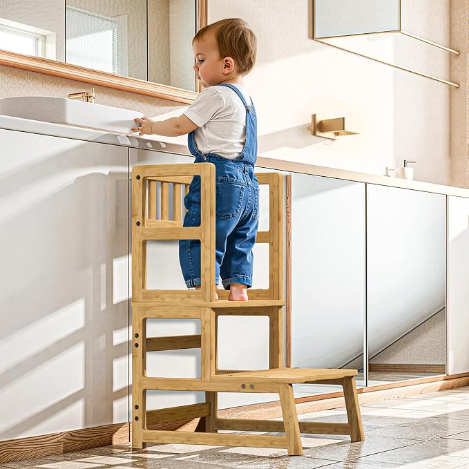 COSYLAND Toddler Step Stool with Removable Side Guard - Toddler Kitchen Stool Helper for Kitchen/Bathroom/Living Room/Bedroom - 300 lbs Capacity Step Ladder for Kids - Natural
