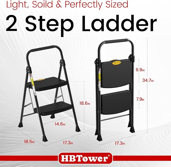 HBtower Step Ladder Sturdy, Heavy Duty Step Stool for Adults, Wide Anti-Slip Pedal Step Ladder Folding Step Stool for Home Kitchen Garage Outdoor (2 Step Ladder)