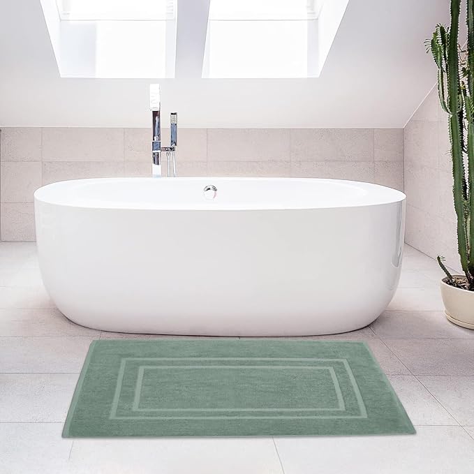 Feather & Stitch 2 Piece Towel Like Bath Mats (30x21 Inch) 100% Cotton Terry Bath Mat, Bathroom Shower Floor Mat [NOT A Bathroom Rug], Soft Absorbent Washable Mats - Granite Green