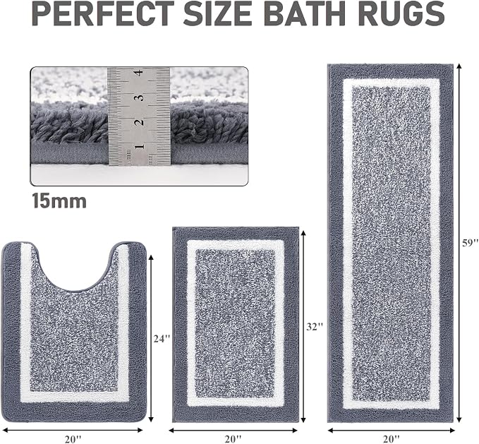 Pauwer Bathroom Rug Mat Set 3 Piece, Microfiber Shaggy Bath Set, Non-Slip Ultra Soft Carpet Mats, Absorbent with U-Shaped Toilet for Bathroom, Tub, Shower, Dark Grey