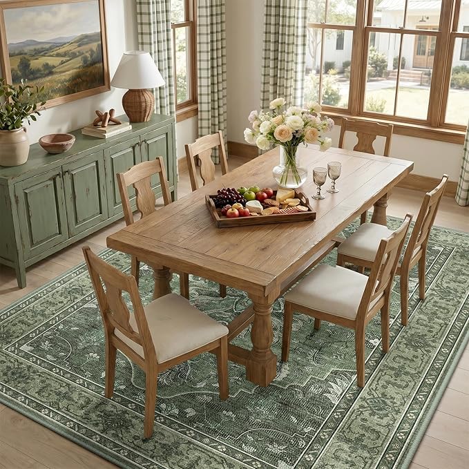 RELEANY Area Rugs 7'x10' Washable Non-Slip, Floral Vintage Distress Medallion Carpet for Living Room Bedroom Dining Room, Dark Green Gray
