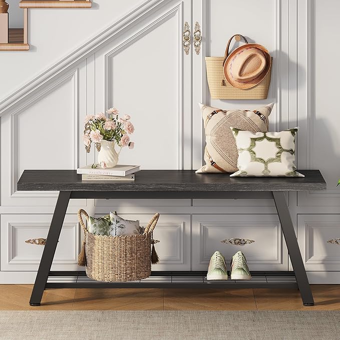 Oastreeful Industrial Entryway Bench Rustic Wood and Metal Storage Bench for Indoor Living Dining Room Bedroom Long Shoe Benches Seat (Charcoal Black)