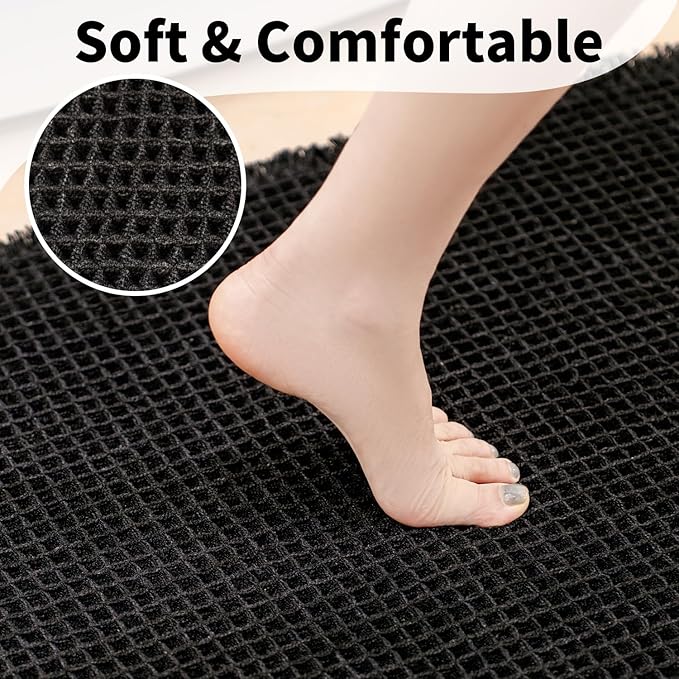 Black Long Bathroom Rug - Waffle Runner Bath Mat Non Slip Washable, Super Absorbent & Quick Dry, Boho Bath Mat Farmhouse Bathroom Decor, 24'' x 72'', Black