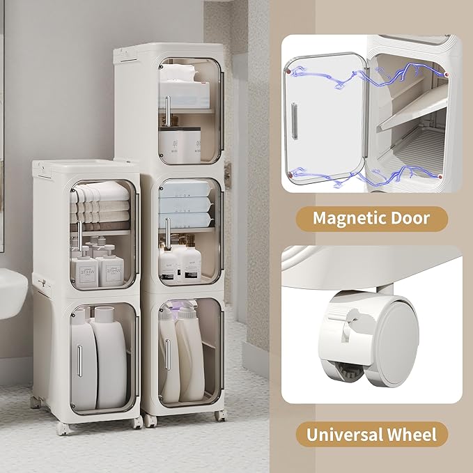 3-Tier Tall Narrow Storage Cabinet, Slim Bathroom Storage Cabinet with Adjustable Shelves and Wheels, Narrow Organizer for Small Space, Bathroom, Kitchen, Laundry, White