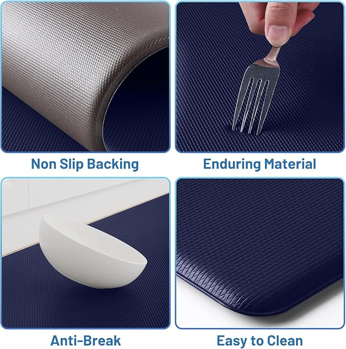 StepLively Kitchen Mat, 2 PCS Kitchen Rugs, Cushioned Kitchen Mats for Floor, Anti Fatigue Kitchen Rug Set, Non-Skid Standing Mat for Kitchen, Office, Sink, 17.3"x30"+17.3"x70", Blue