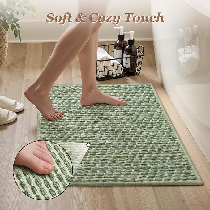 AMOAMI Unique Woven Bathroom Runner Rug, Super Absorbent Non Slip Bath Mats for Bathroom Textured Bathroom Mat Quick Dry Boho Rugs Runners for Hallyways Kitchen Bedroom Beside Tub, 2' x 6', Sage