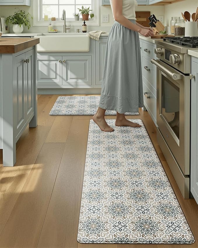 LUMI Anti-Fatigue Kitchen Floor Mats Set of 2,Cushioned Comfort Standing Rug Waterproof 2PCS, Non-Slip Ergonomic Foam Runner for Sink, Laundry, Office & Home,17x29+17x59,