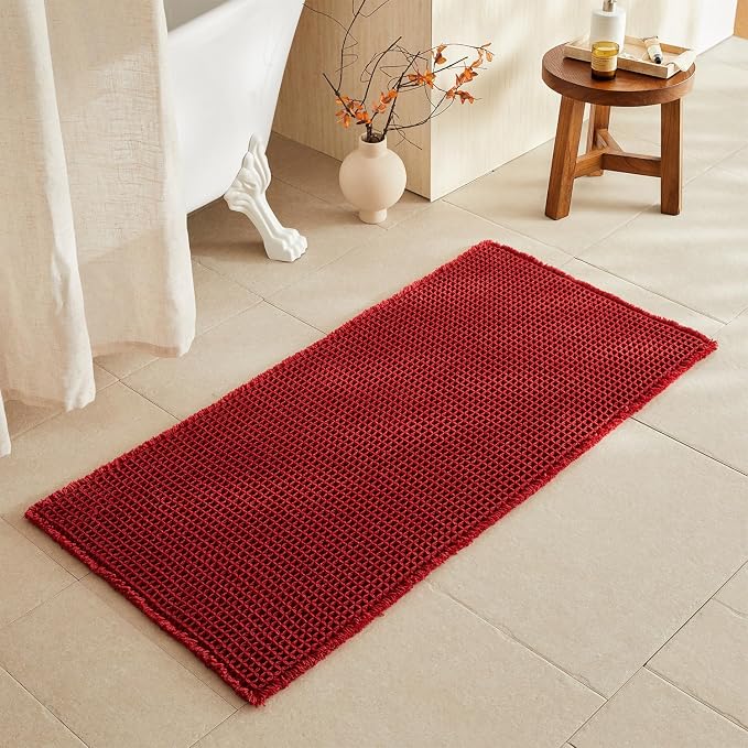 TYUU Waffle Bath Mat, Boho Bathroom Rugs Non Slip Washable Super Absorbent Quick Dry Bath Mat Farmhouse Bathroom Decor, 48"x24" Burgundy