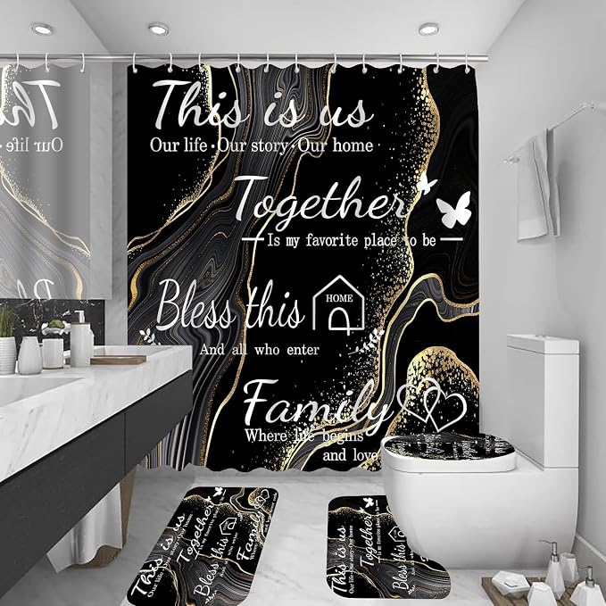 4Pcs Family Marble Shower Curtain Sets with Rugs,Black Home Inspirational Bathroom Decor Set, Bathroom Sets with Shower Curtain and Rugs, Waterproof Bathroom Shower Curtains, with 12 Hooks