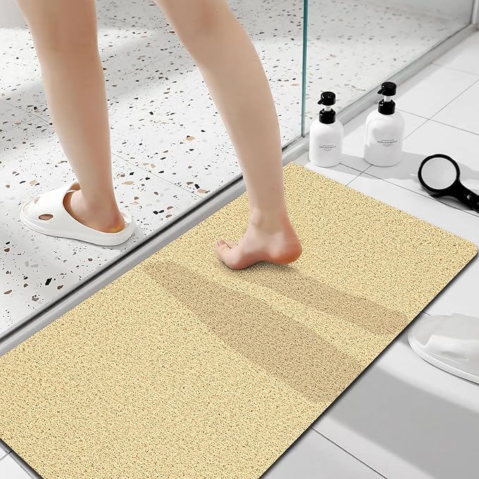 Shower Mat Non Slip 40x16 Inch, Quick Drying PVC Loofah Bath Mats, Easy Clean Soft Bathroom Rugs for Tub Floor, Shower, Khaki