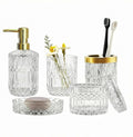 LaMarriti Clear Bathroom Accessories Set, 5pcs Crystal Glass Bathroom Set Accessories, Soap Dispenser, Toothbrush Holder Set, Soap Dish, Tumbler, Qtips Holder for Vintage Bathroom Decor, Gift Set