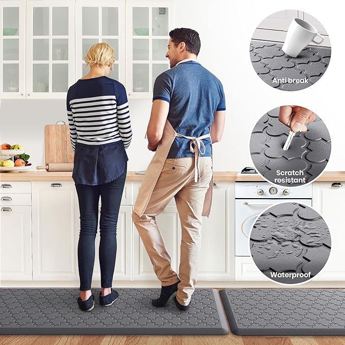 Kitchen Mat [2 PCS] Cushioned Anti-Fatigue Floor Mat Water Resistant Non-Skid Kitchen Mats and Rugs Ergonomic Comfort Foam Kitchen Rugs Standing Mat for Floor Office Sink (Grey,20"x30"+20"x60")