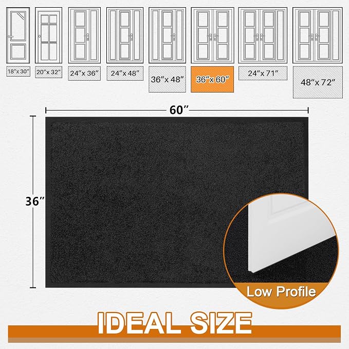 Mibao Front Door Mat Indoor Entrance, 60" x 36", Dirt Trapper Welcome Mat for Outdoor Indoor, Non-Slip Waterproof Doormat, Durable Machine Washable Low Profile Entry Rug for Back Door Outside,Black