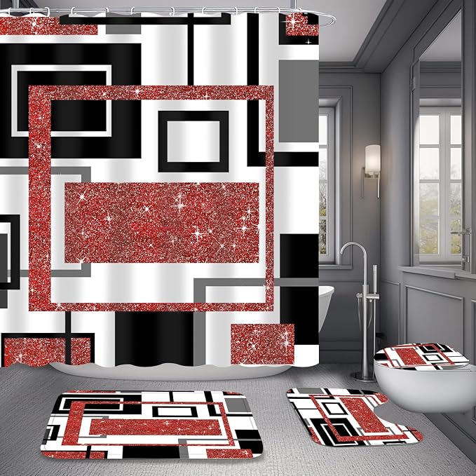 4 Pcs Red Geometric Shower Curtain Sets with Toilet Lid Cover and Non-Slip Rugs, Red Modern Abstract Bathroom Decor Sets with Shower Curtain and Rugs for Bathroom